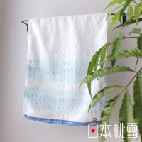 今治水泡泡毛巾，白色主體，織有藍色漸層水泡紋理，底部有藍色滾邊，材質為棉。