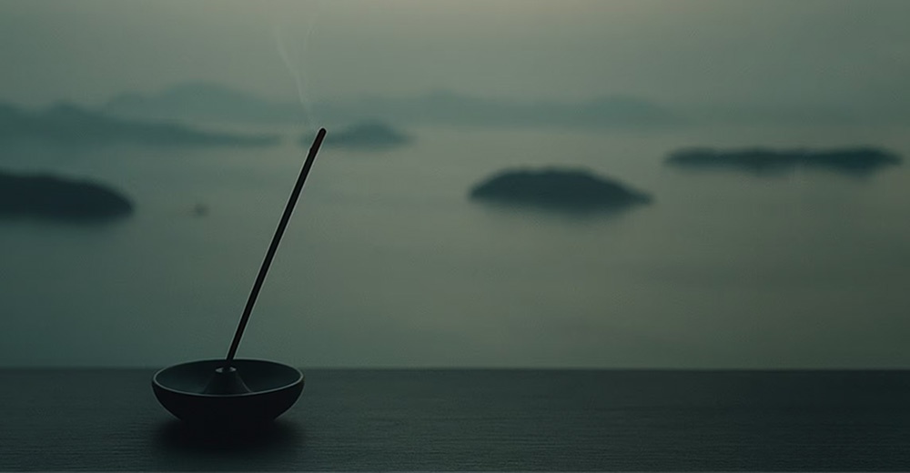在一處靜謐的窗邊平台上，放置著一個深色簡約的線香座，一支正在燃燒的線香緩緩冒出細微煙霧，遠處背景呈現出煙雨朦朧的瀨戶內海景色，點點島嶼隱沒在灰藍色的霧氣之中，營造出寧靜祥和的氛圍。