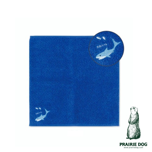 Zootto 今治精梳棉動物刺繡方巾，藍色，繡有淺藍色鯊魚圖案。