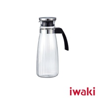 透明耐熱玻璃水壺，帶有不鏽鋼蓋和黑色把手，瓶身有垂直線條紋理。