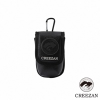 黑色皮革高爾夫球收納腰包，帶有金屬掛鉤，正面有圓形品牌標誌和「CREEZAN」字樣。