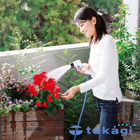 一位女子手持白色與藍色的灑水槍，正為木製花槽中的紅色花朵澆水，藍色水管連接灑水槍。