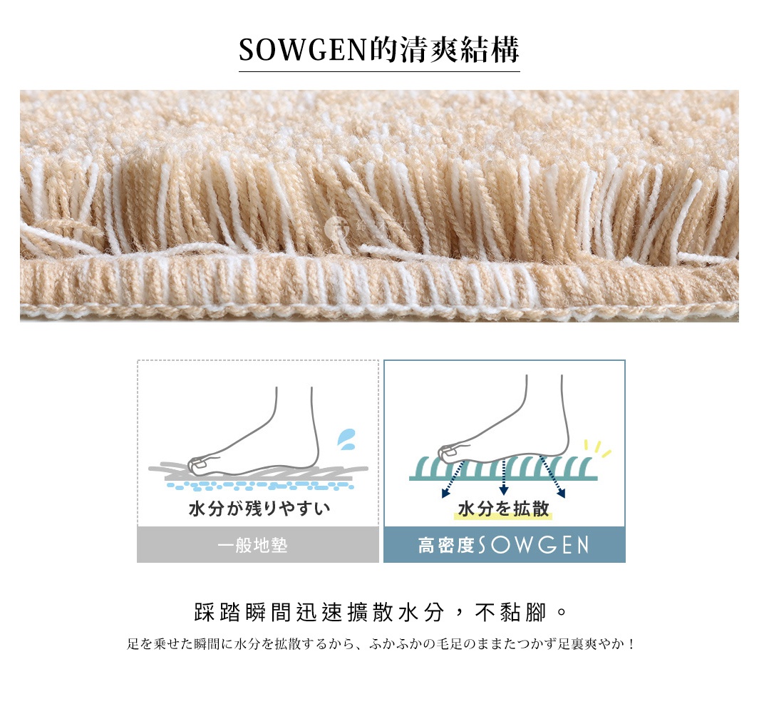 SOWGEN的清潔結構，展示了毛圈材質的近景，下方有兩個示意圖，左圖為一般地墊水分殘留，右圖為高密度SOWGEN水分擴散，並配有「踩踏瞬間迅速擴散水分，不黏腳。」等文字說明。