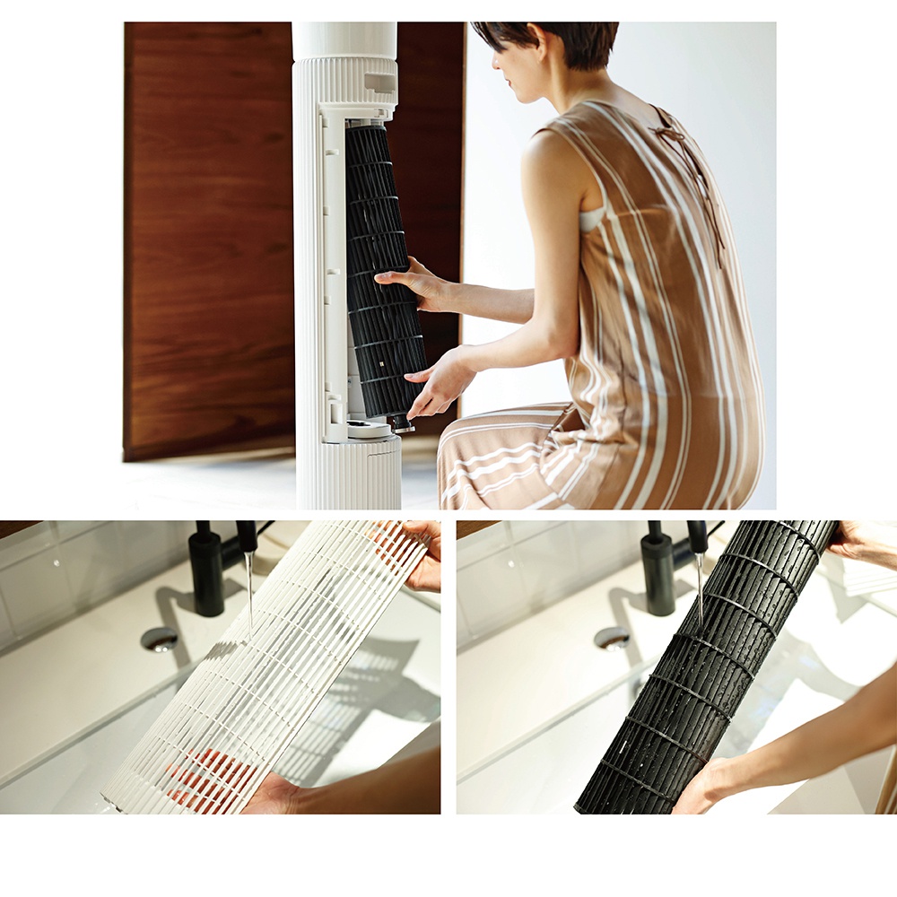 白色直立式循環扇，展示可拆卸的黑色濾網，以及正在水槽中清洗白色和黑色濾網的特寫。
