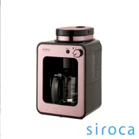 SC-A1210 自動研磨咖啡機，機身主要為黑色，搭配玫瑰金飾邊，設有玻璃咖啡壺，頂部及旋鈕部分亦為玫瑰金色。