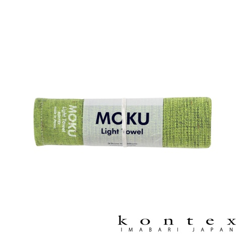 MOKU超速乾輕薄長毛巾，淺綠色，質地輕柔，帶有品牌標誌及尺寸說明。