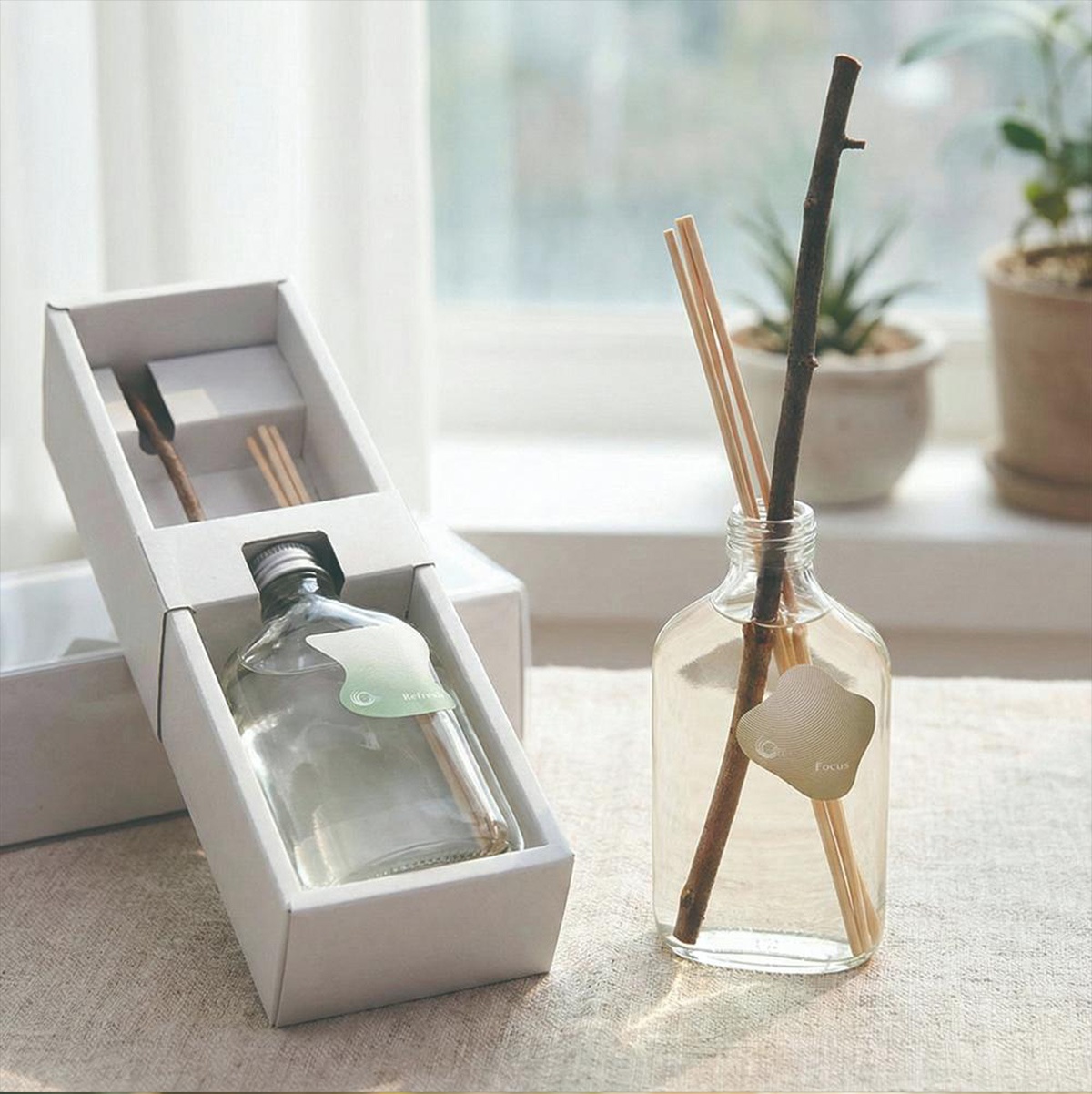 KYARA aroma recolte 室內擴香竹，擺放於盒中及一旁玻璃瓶內，散發自然木質香氣，其中一瓶標示著「Focus」。