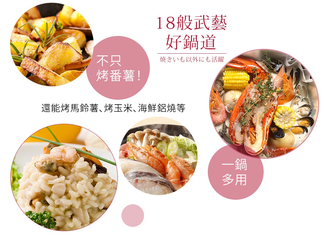 圓形特寫展示，左上方為金黃色烤地瓜塊與迷迭香，右側圓形鍋中盛有半隻龍蝦、玉米、鮮蝦、淡菜和馬鈴薯，左下方為海鮮燉飯，上方有鮮蝦、淡菜和香草。