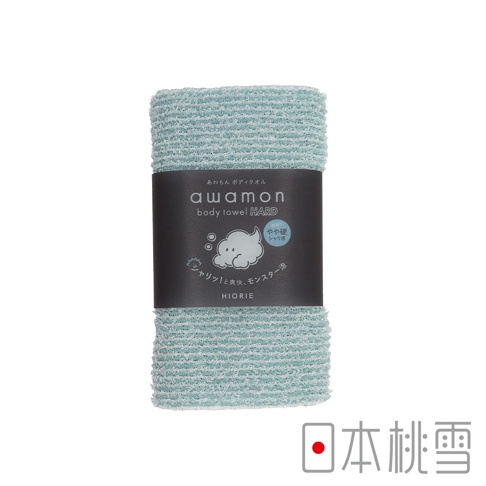日本桃雪 Awamon 怪物級綿柔起泡親膚沐浴巾 微硬款，天藍色，有怪物泡泡圖案和日文說明。