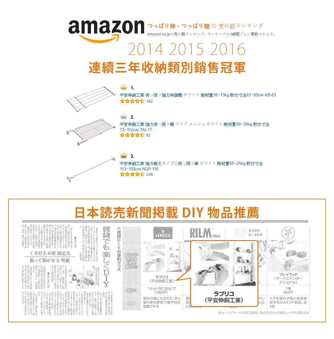 日本讀賣新聞刊載DIY物品推薦，包含平安伸銅連續三年暢銷的收納架。