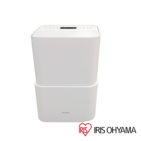 白色圓角方形設計的 Iris Ohyama IJC-H120 空氣清淨除濕機，機身分為上下兩節，頂部設有黑色顯示螢幕和多個按鈕。