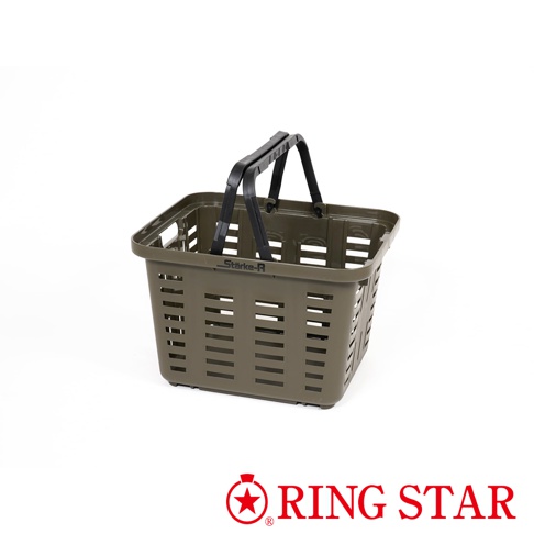 Starke-R 超級迷你籃，橄欖綠色塑膠材質，方形設計，兩側有把手，籃身有長條形鏤空，適合收納小型物品。