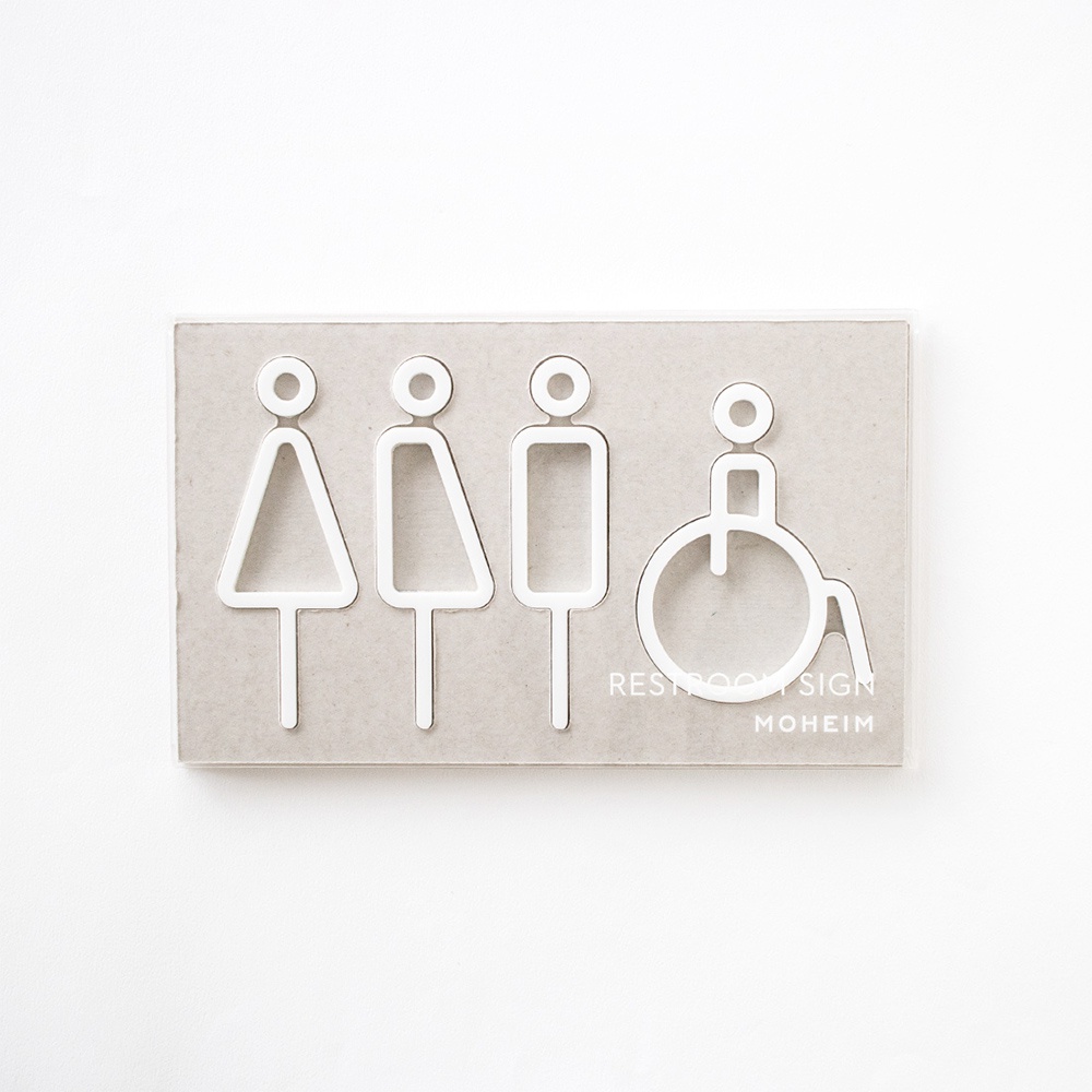 四入組廁所標示牌，包含女性、男性及無障礙輪椅使用者圖示，皆為白色線條設計。標示牌固定於淺灰色背景板上，背景板右下角有「RESTROOM SIGN」及「MOHEIM」字樣。