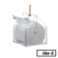 透明壓克力小屋造型衛生紙盒，內含捲筒式衛生紙，頂部有皮革掛繩。