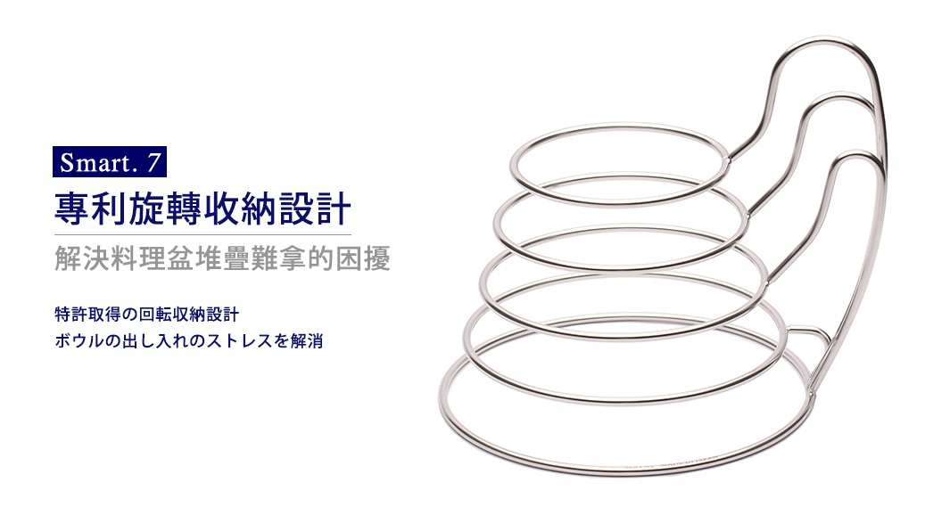 一個金屬製的不鏽鋼調理碗旋轉收納架，採用階梯式圓環層疊結構設計，右側帶有支架支撐，整體外型簡潔，旨在解決廚房調理碗堆疊不易取用的收納問題。