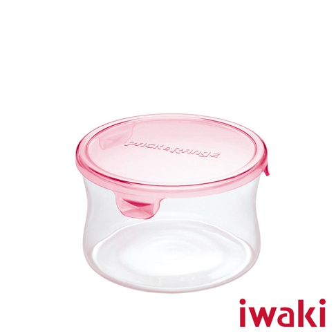 耐熱玻璃圓形保鮮盒，透明玻璃瓶身，帶有粉紅色密封蓋，蓋子上印有「PACK&RANGE」字樣。
