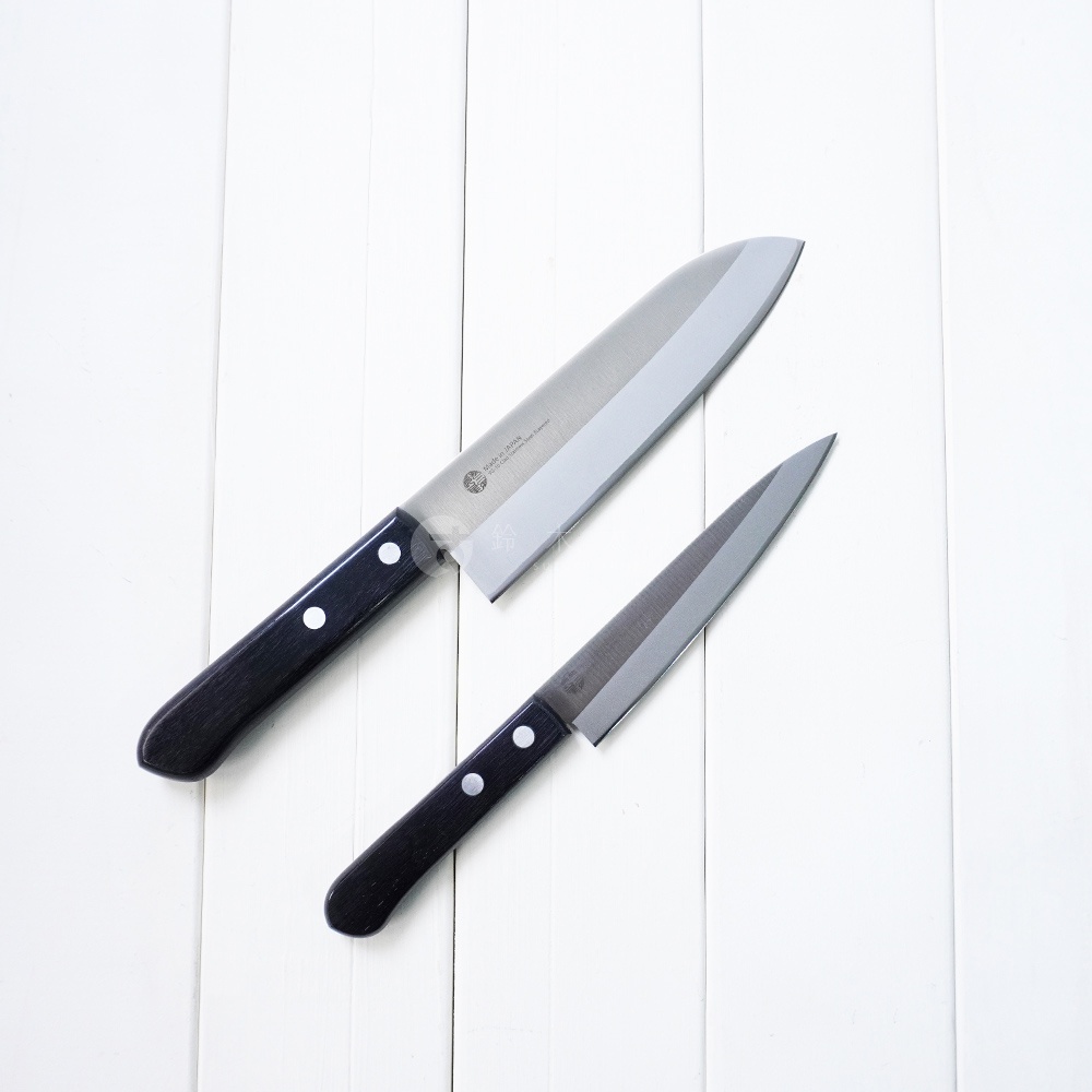 兩把燕三條 VG-10 不鏽鋼刀具，一把較大的主廚刀和一把較小的水果刀，皆配有黑色手柄，刀身銀色。
