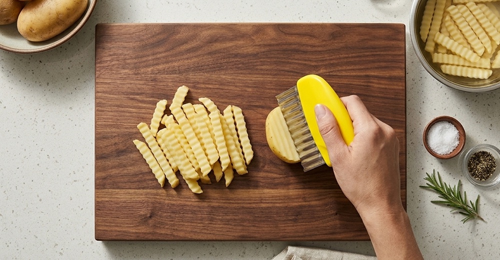 一隻手正使用黃色手柄的下村工業波浪造型切刀，在木質砧板上切出波浪狀的薯條，旁邊已堆疊了一堆切好的波浪薯條，並有盛裝備用薯條、鹽、胡椒及迷迭香的小碗。