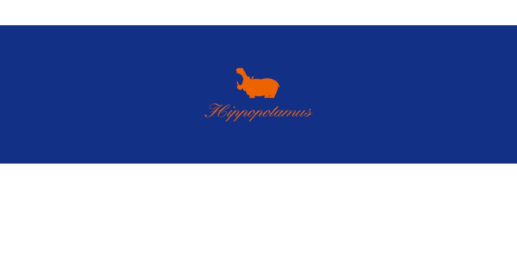一張圖片，上面有藍色背景，中間有一個橘色河馬圖案和橘色的「Hippopotamus」字樣。