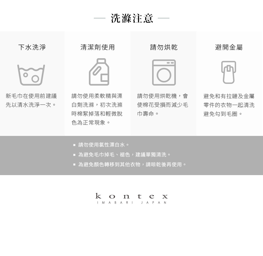 圖片文字：洗滌注意。下水洗淨：新毛巾在使用前建議先以清水洗淨一次。清潔劑使用：請勿使用柔軟精與漂白劑洗滌，初次洗滌時棉絮掉落和輕微脫色為正常現象。請勿烘乾：請勿使用烘乾機，會使棉花受損而減少毛巾壽命。避開金屬：避免和有拉鏈及金屬零件的衣物一起清洗避免勾到毛圈。請勿使用氯性漂白水。為避免毛巾掉毛、褪色，建議單獨清洗。為避免顏色轉移到其他衣物，請晾乾後再使用。KONTEXT IMABARI JAPAN