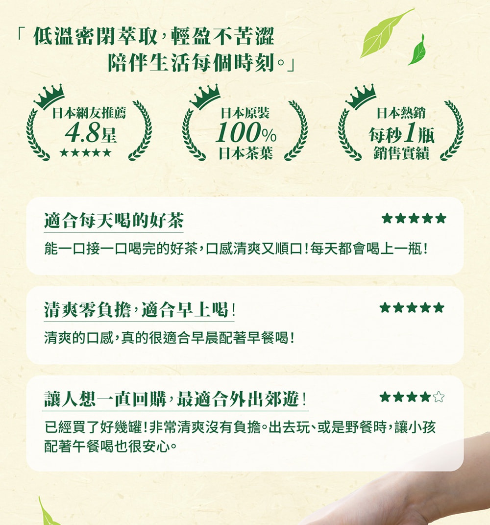 圖片文字：低溫密閉萃取，輕盈不苦澀，陪伴生活每個時刻。日本網友推薦4.8星，日本原裝100%日本茶葉，日本熱銷每秒1瓶銷售實績。適合每天喝的好茶，能一口接一口喝完的好茶，口感清爽又順口，每天都會喝上一瓶。清爽零負擔，適合早上喝，清爽的口感，真的很適合早晨配著早餐喝。讓人想一直回購，最適合外出郊遊，已經買了好幾罐，非常清爽沒有負擔，出去玩或是野餐時，讓小孩配著午餐喝也很安心。