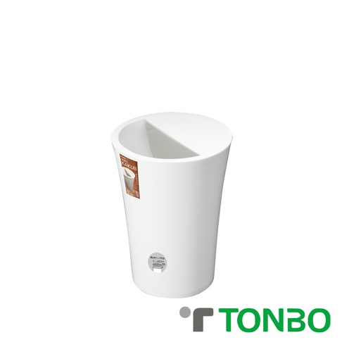 白色圓形半開式垃圾桶，7.3公升容量，為塑膠材質，頂部設計有兩個隔間，適合分類垃圾。
