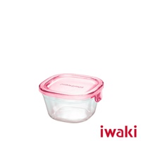 透明耐熱玻璃方形保鮮盒，配有粉紅色密封蓋。