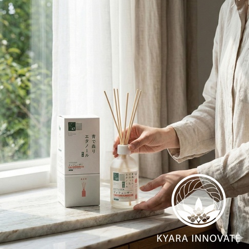 KYARA INNOVATE 的青森蘋果口味擴香瓶，放置在窗邊的石台上，旁邊是一個同款產品的包裝盒，一隻手正將擴香竹插入瓶中。