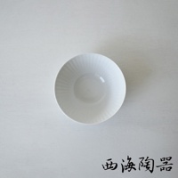 白色陶瓷碗，碗壁有細緻的放射狀壓紋，碗底平坦，整體風格簡約，適合盛裝各式料理。