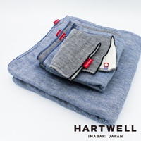 一疊藍色與灰色調的雙織柔感浴巾，部分浴巾帶有紅色「DENIM STYLE」標籤，材質呈現粗織紋理。