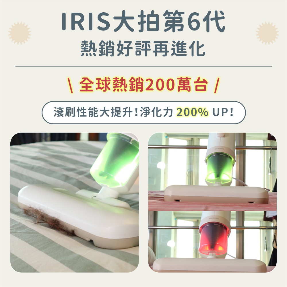 白色除塵蹣機，帶有透明集塵筒，內部顯示綠色或紅色燈光。左側圖片顯示機器正在清潔床鋪上的毛髮。