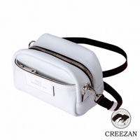 JETTER 迷你側背包 CJTH-040，白色皮革材質，設有拉鍊主隔層和前方插袋，配有黑色織帶肩帶及金屬扣環。