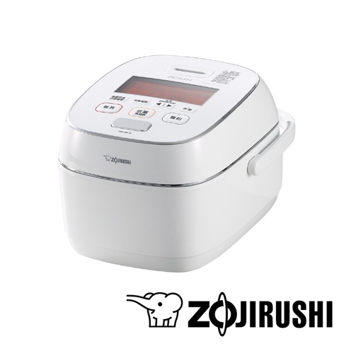 白色象印電鍋，具備鐵器塗層白金厚釜，頂部有紅色顯示螢幕與多個觸控按鈕，鍋身側邊有白色提把。