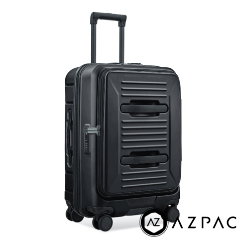黑色 AZPAC 品牌 25 吋硬殼行李箱，採用前開口設計並配備煞車功能，外觀呈現霧面質感，設有拉桿、側面手把以及 TSA 海關鎖，底部裝有四組雙輪萬向輪。
