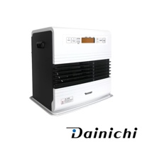 白色電子式煤油暖氣機，搭配黑色側面，頂部有控制面板與顯示螢幕，機身前方有黑色柵欄狀出風口，底部有白色底座，整體為塑膠材質。