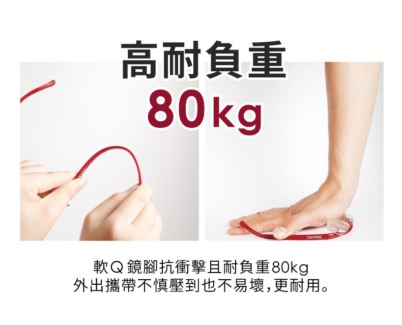 時尚紅框眼鏡，展示其高強度耐重80公斤的特性