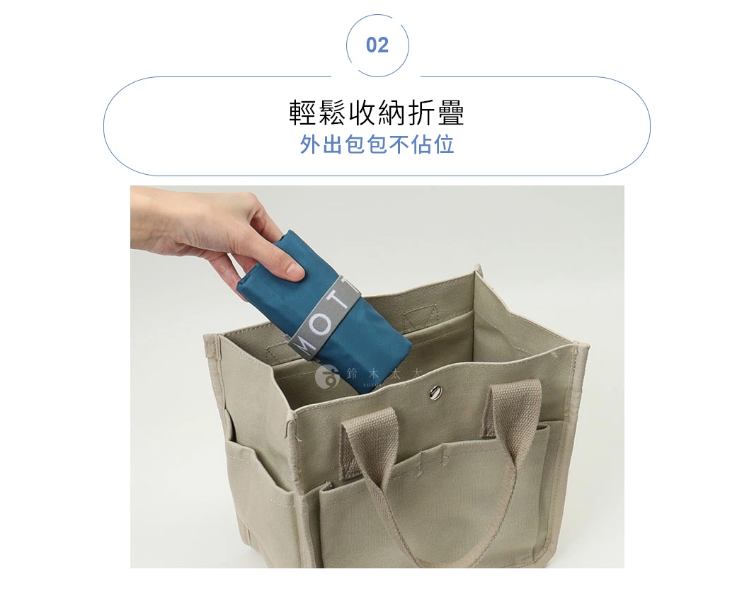 一手將藍色摺疊保冷束口袋放入米白色帆布托特包內，束口袋上印有灰色「MOT」字樣。