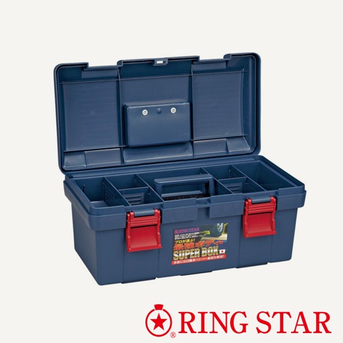 藍色塑膠雙層工具箱，附紅色鎖扣，箱蓋內有隔層，箱體內有分隔槽，方便收納各種工具。