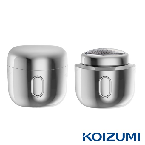 日本KOIZUMI品牌超迷你刮鬍刀，採用光滑亮面的金屬銀色設計，畫面左側展示蓋上蓋子的外觀，右側則呈現打開蓋子後的圓形刀網結構，整體呈現簡約精緻的質感。