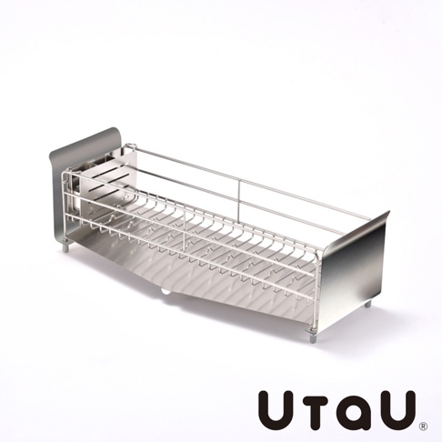 不鏽鋼窄型碗碟瀝水架，附有瀝水盤，設計簡潔，適合收納碗盤。