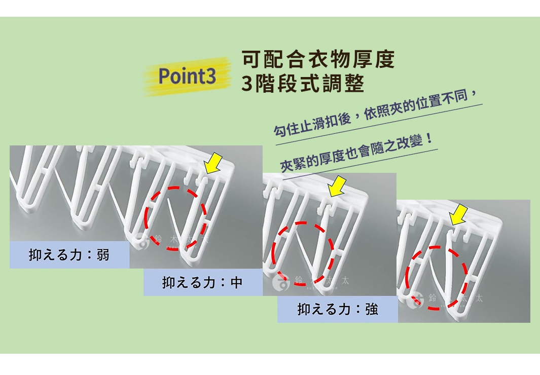 Point 3 
可配合衣物厚度  
3階段式調整
勾住止滑扣後，依照夾的位置不同，
夾緊的厚度也會隨之改變！

    襪子

    手帕
