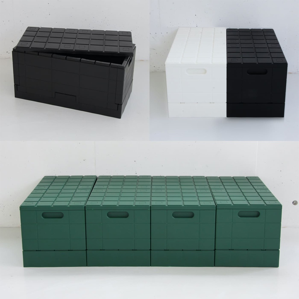 黑色、白色和綠色的Grid格子磚可堆疊摺疊收納椅，由塑膠製成，具有方形網格紋理和側邊提把。
