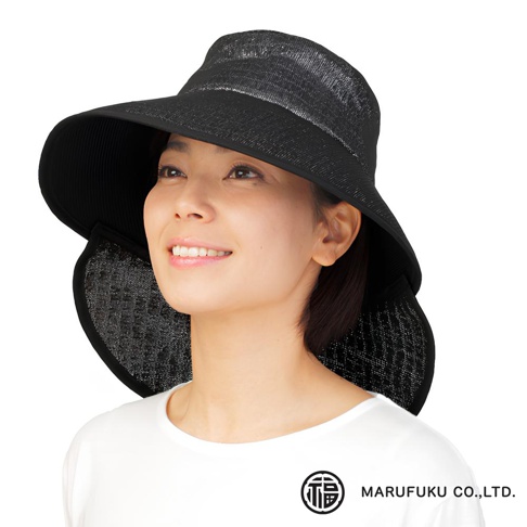 黑色寬緣遮陽帽，帽頂與帽簷部分採用網狀織紋材質，側面有可延伸的遮蔽設計，適合戶外使用。