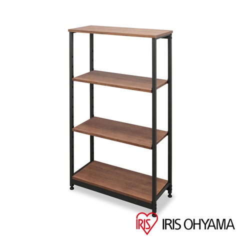 鐵木層架，四層寬型設計，木紋層板搭配黑色金屬支架，簡約實用。