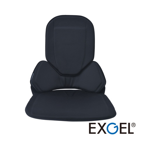 深藍色輕薄汽車用背靠坐墊，具有人體工學設計，分為頭枕、背部支撐和坐墊三部分，表面為網狀織物材質。
