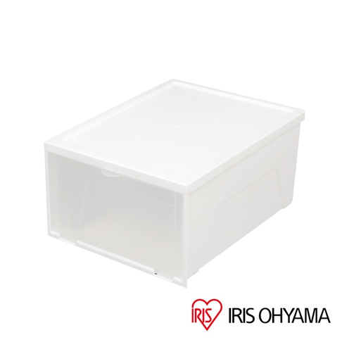 一個白色的透明收納鞋盒，側面和正面採透明設計，方便查看內容物。盒蓋為白色，可堆疊。