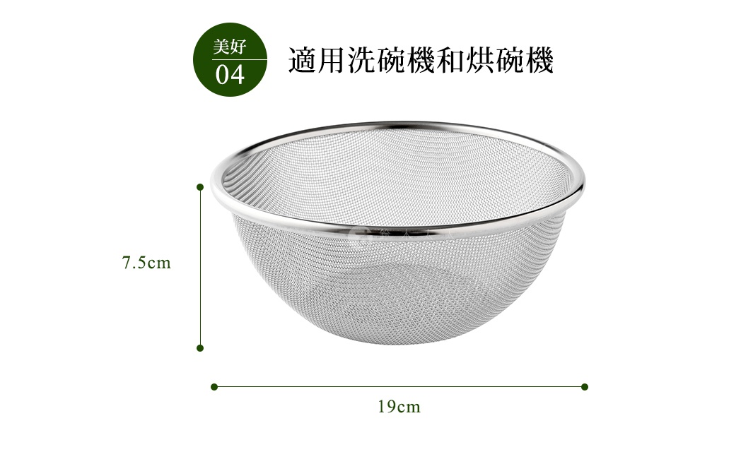 不鏽鋼網狀瀝水籃，直徑約19公分，高約7.5公分，銀色。