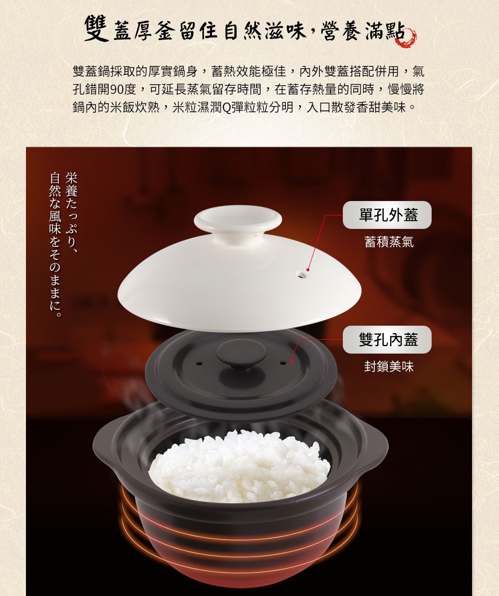 直火系列雙蓋炊飯陶鍋/燉鍋，內鍋為深褐色陶土材質，裝有飽滿的白米飯，上方疊放黑色雙孔內蓋與白色單孔外蓋，模擬烹煮過程。