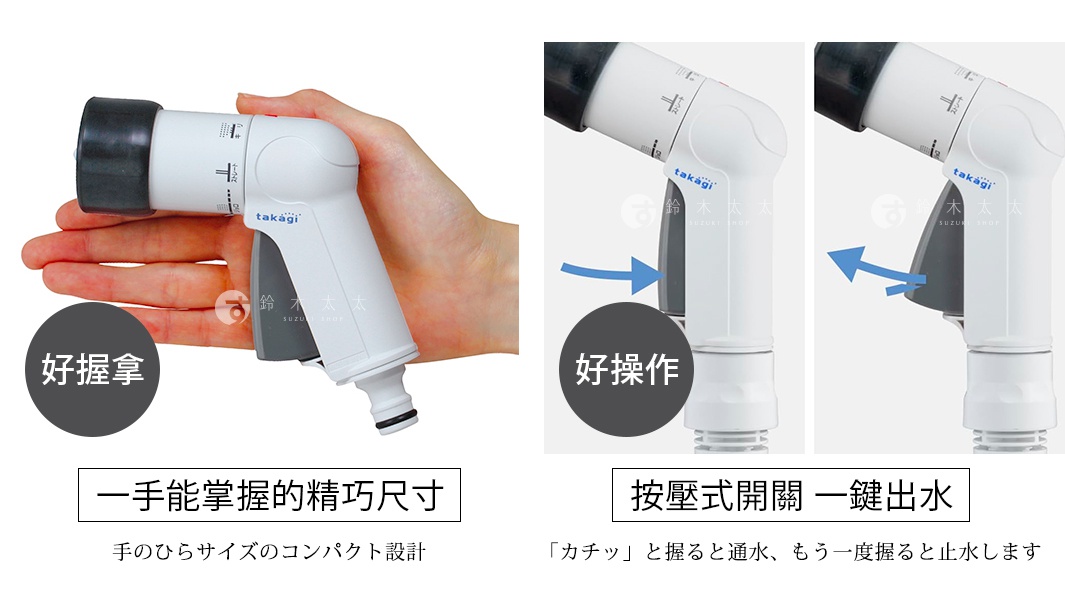 takagi園藝澆花噴水槍的特寫展示，左圖顯示噴水槍符合人體工學的精巧設計可一手掌握，右圖透過箭頭示意按壓式開關操作，按壓一次即通水，再次按壓則停止出水，簡潔直觀的設計便於日常園藝使用。