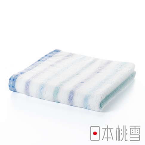 今治小花毛巾，白色毛巾上印有藍色、青綠色條紋和細小圓點圖案，材質柔軟，邊緣有藍色滾邊。